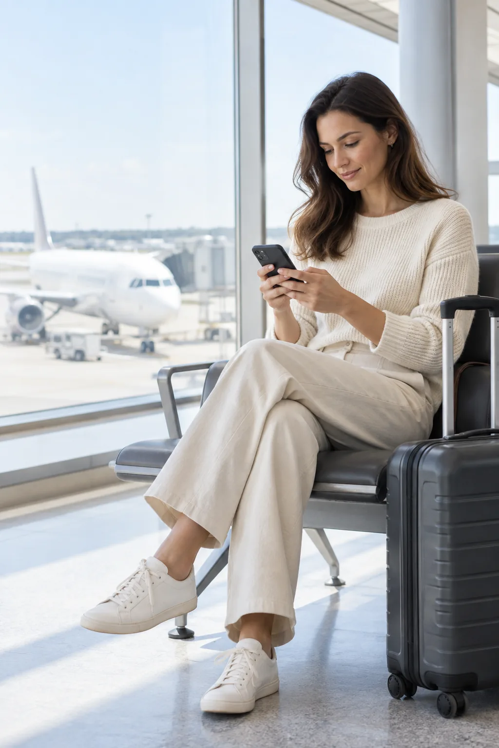 Passenger checking her phone at an airport, with an aircraft outside
